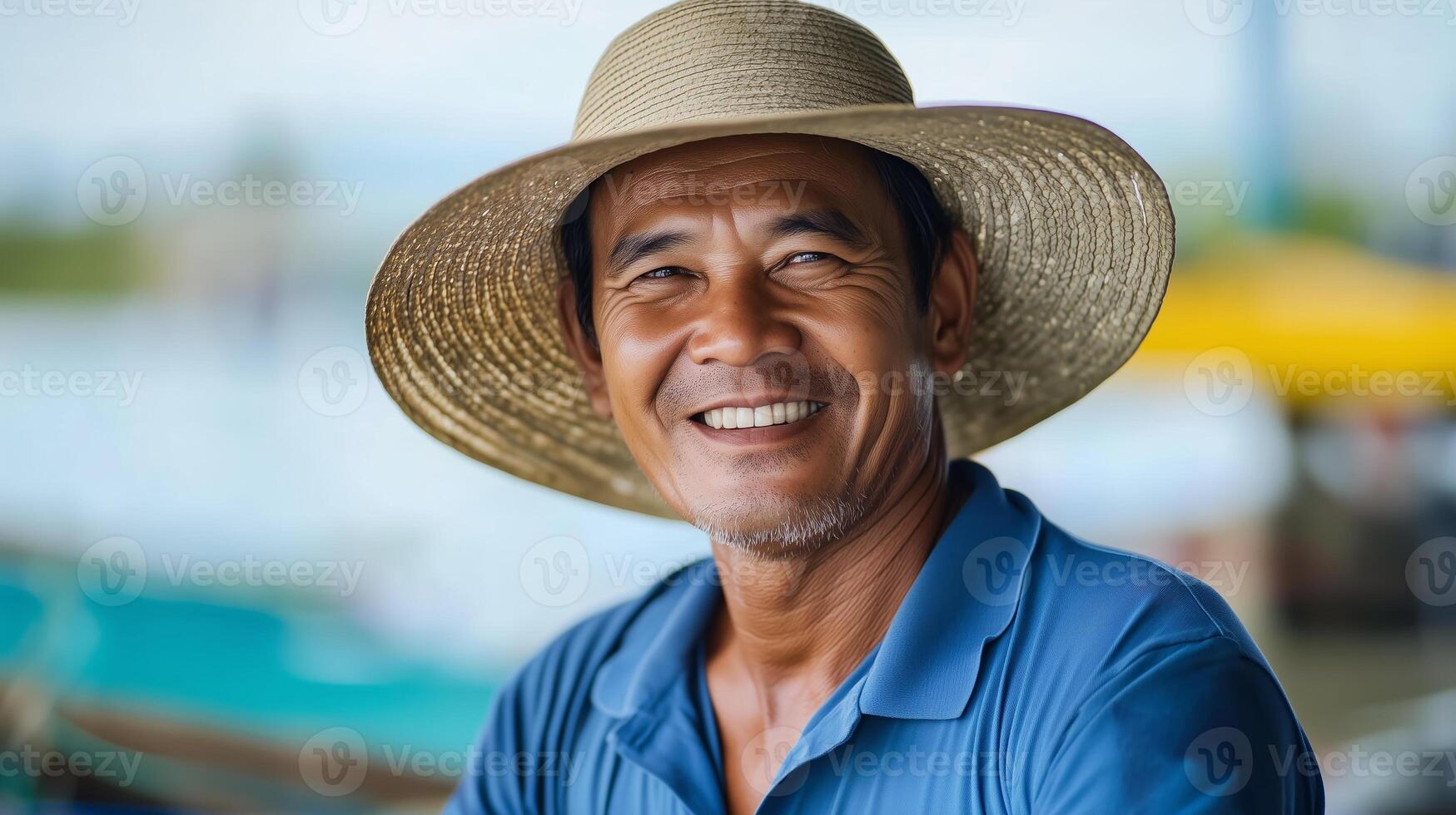 Smiling fisherman in a straw hat by the waterfront during a sunny day, enjoying the peaceful atmosphere of a coastal village photo