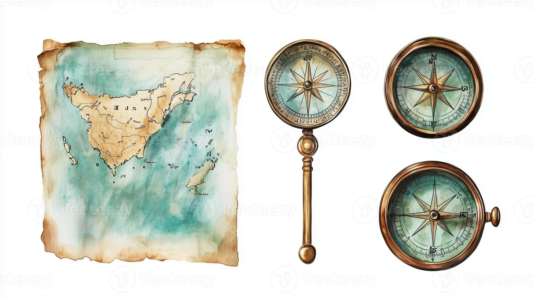 Vintage map and compasses illustrating maritime navigation around an island in a tranquil ocean setting photo