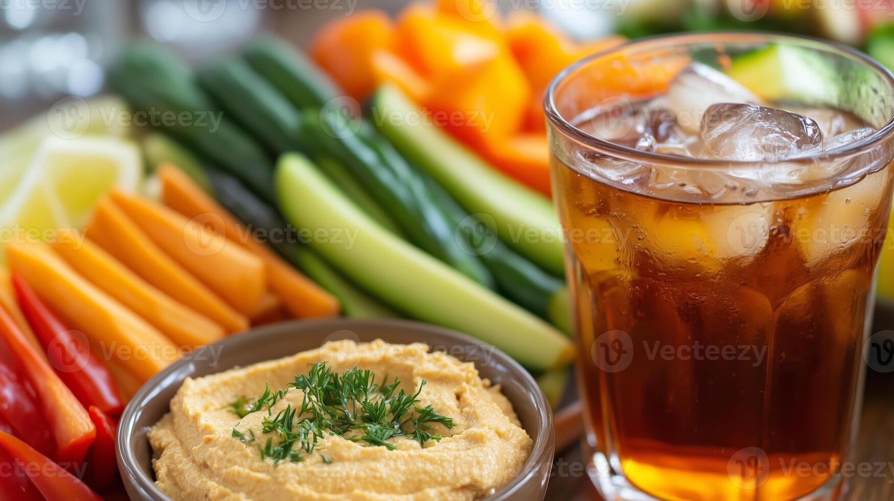 A vibrant array of fresh vegetables and hummus served with a refreshing iced tea on a wooden table photo