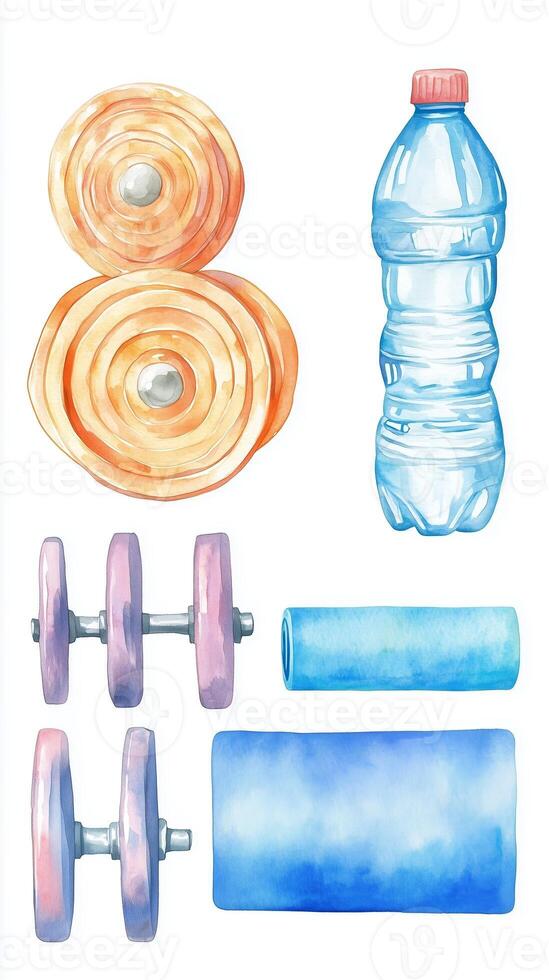 Colorful watercolor illustration of fitness equipment including dumbbells, a water bottle, and exercise mats in a neat arrangement photo