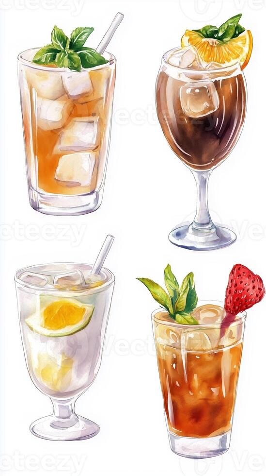 Colorful cocktails displayed in elegant glassware, featuring a refreshing mix of fruits and ice in a bright, inviting atmosphere photo