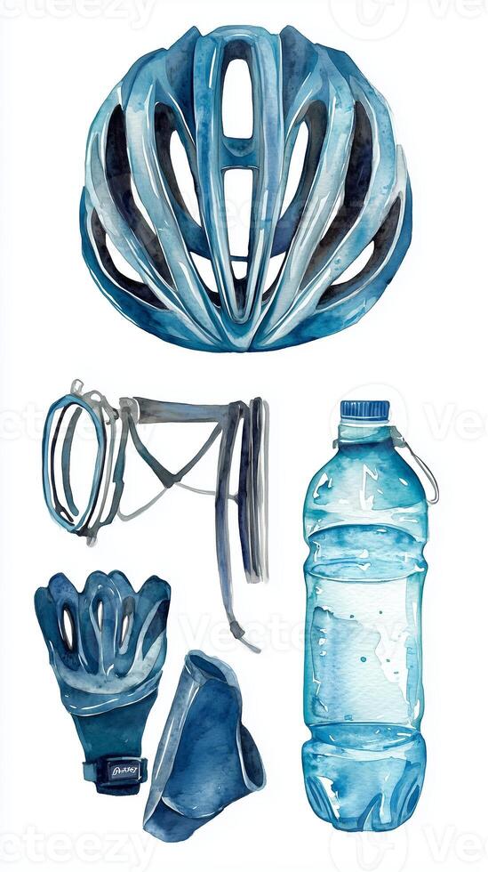 Cycling accessories including a blue helmet, water bottle, gloves, and other gear laid out for a biking adventure photo