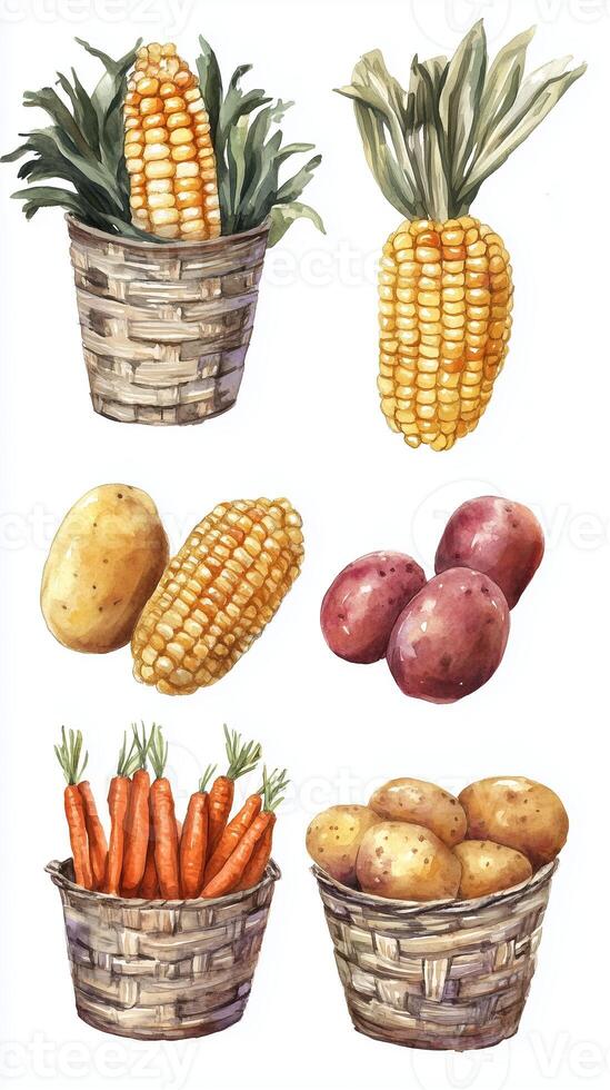 A vibrant collection of fresh vegetables and fruits displayed in wicker baskets, featuring corn, potatoes, and carrots photo