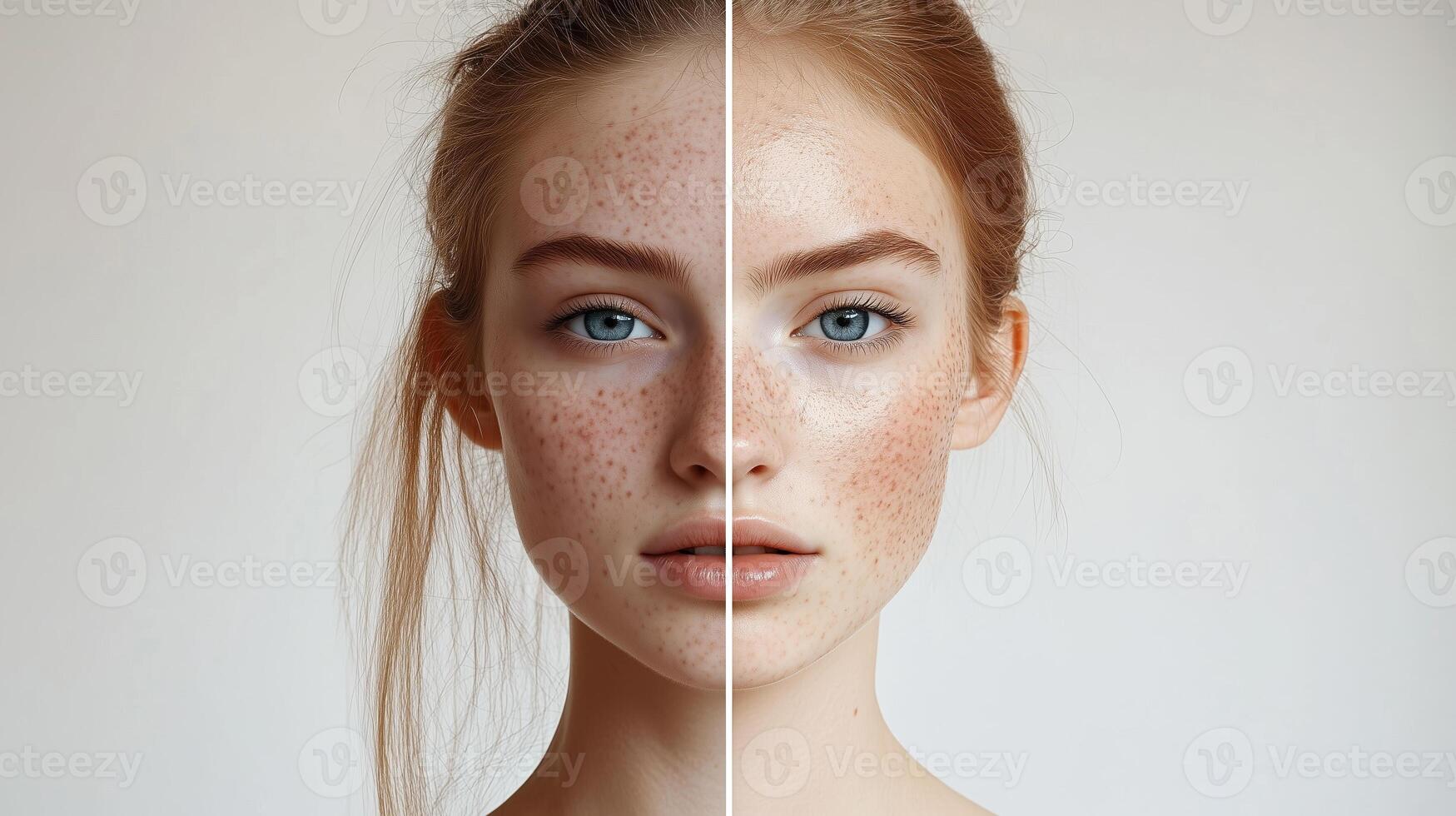 A side-by-side comparison of natural beauty highlighting freckles and smooth skin in a minimalist indoor setting photo