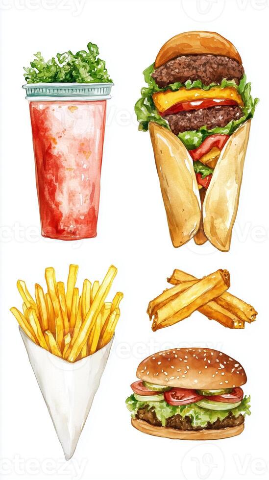 A colorful display of fast food items including burgers, fries, and a refreshing drink on a white background photo