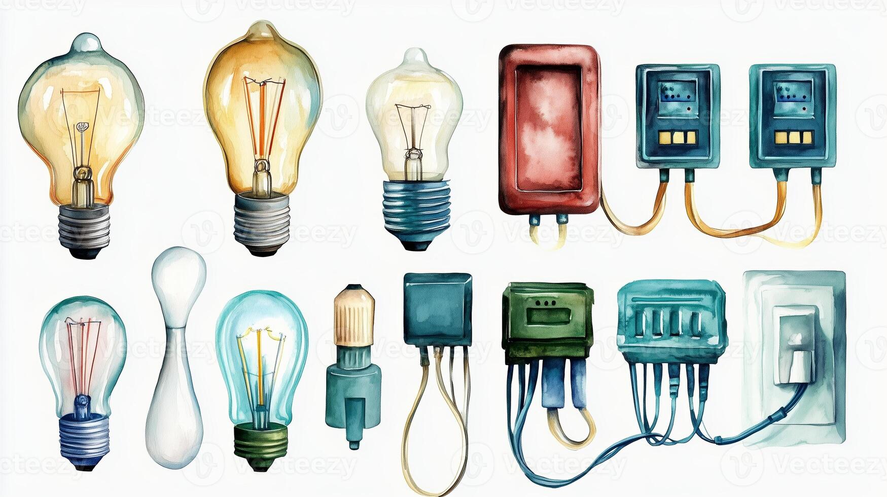 A colorful collection of light bulbs and electrical components displayed on a white background, showcasing various styles and types photo