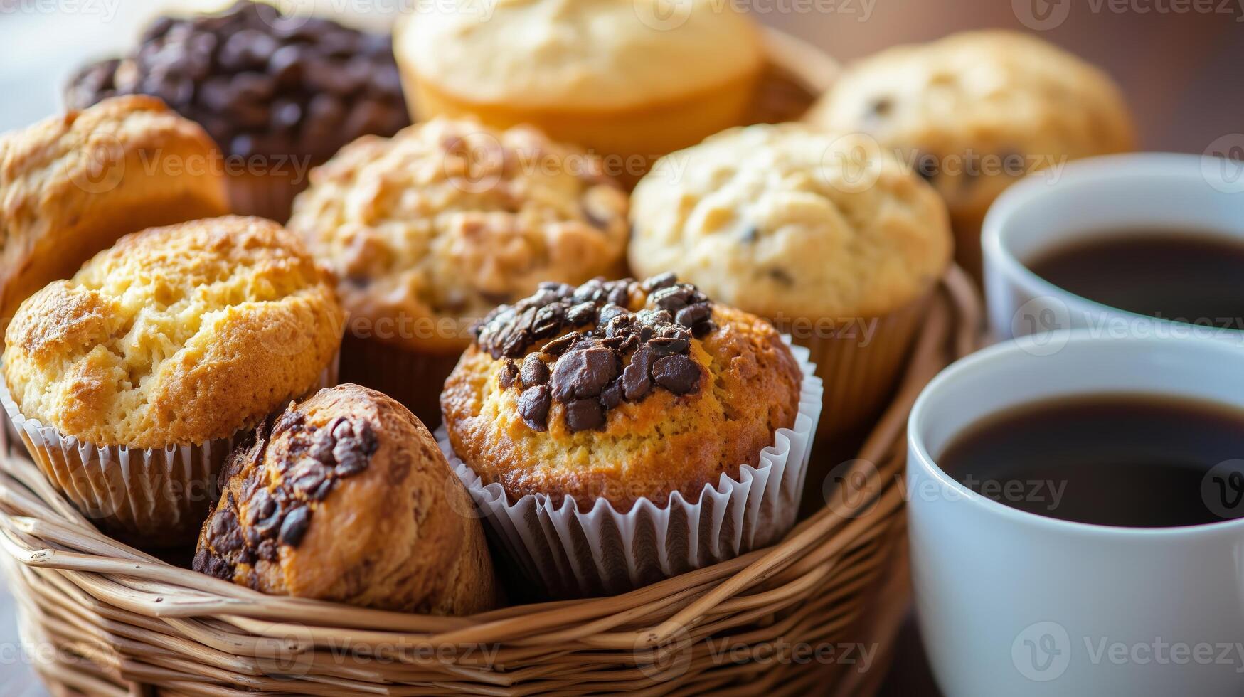 Freshly baked muffins served alongside cups of coffee on a rustic wooden table in a cozy kitchen setting photo