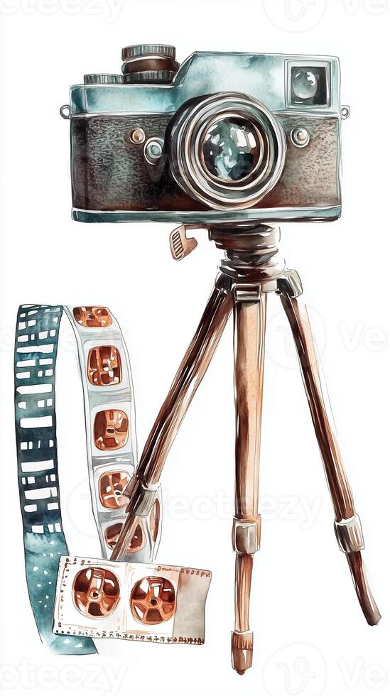 Vintage camera on tripod with film roll, showcasing photography equipment and artistic tools for capturing memories photo