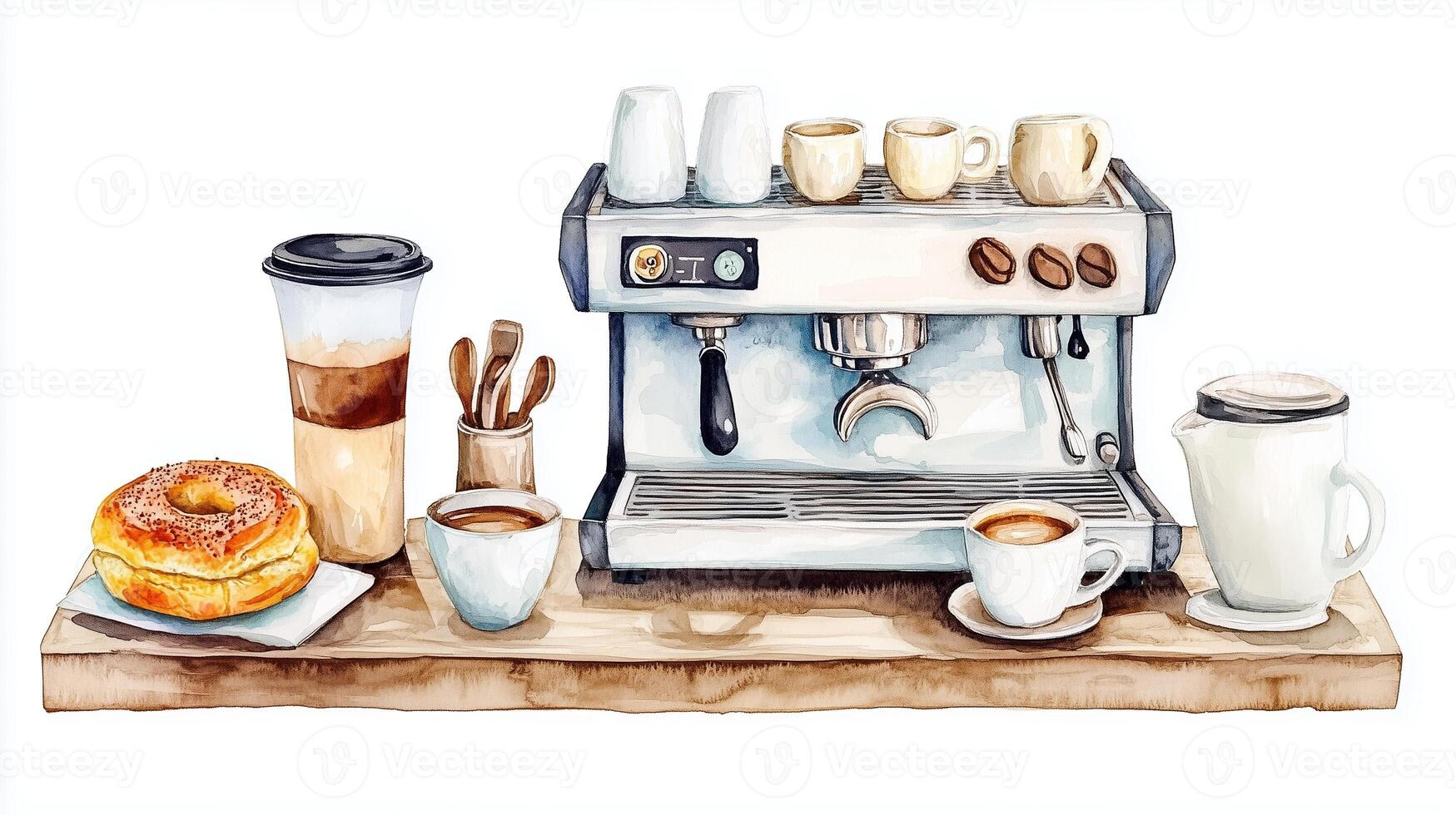A cozy coffee station with an espresso machine, pastries, and mugs arranged on a wooden surface perfect for morning rituals photo