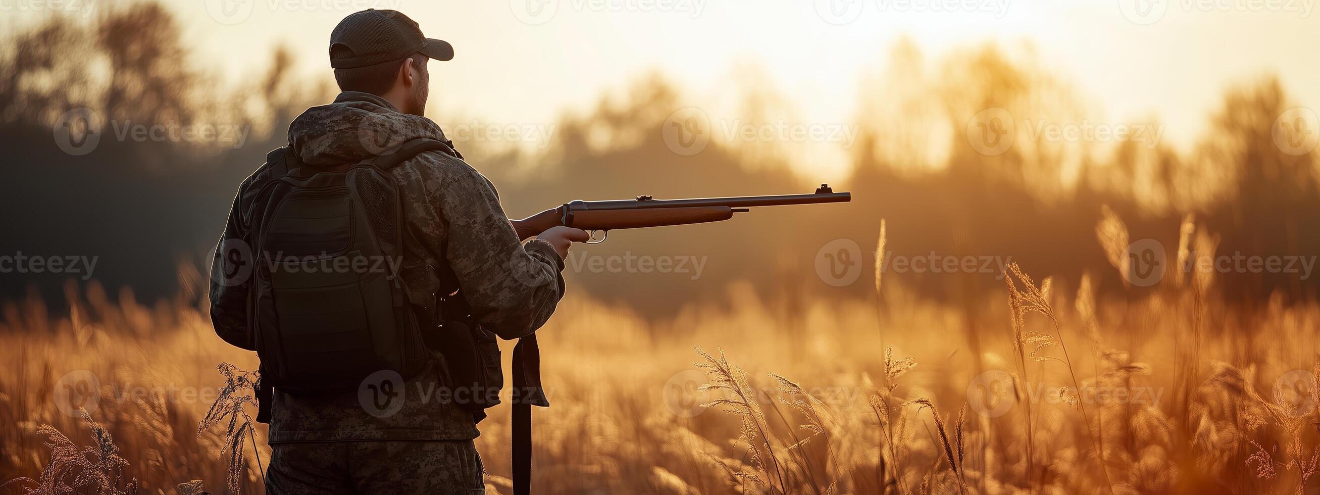A hunter stands in a golden field with a rifle at sunset, preparing for a thoughtful moment in nature during early evening photo