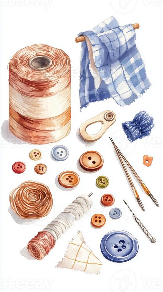 A colorful collection of sewing supplies including threads, buttons, and fabric swatches arranged on a white background for crafting enthusiasts photo