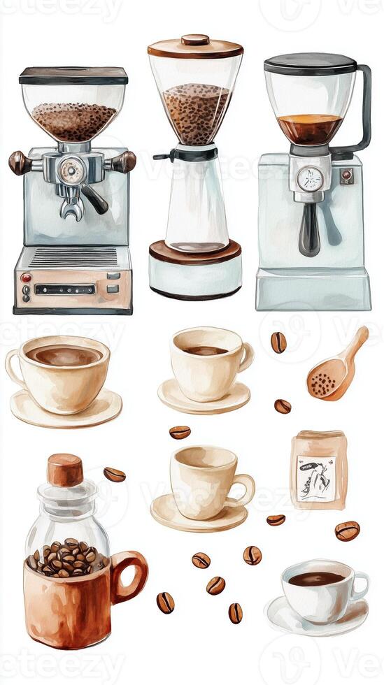A cozy coffee preparation setup featuring grinders, cups, and beans for an inviting morning brew experience in a modern kitchen photo