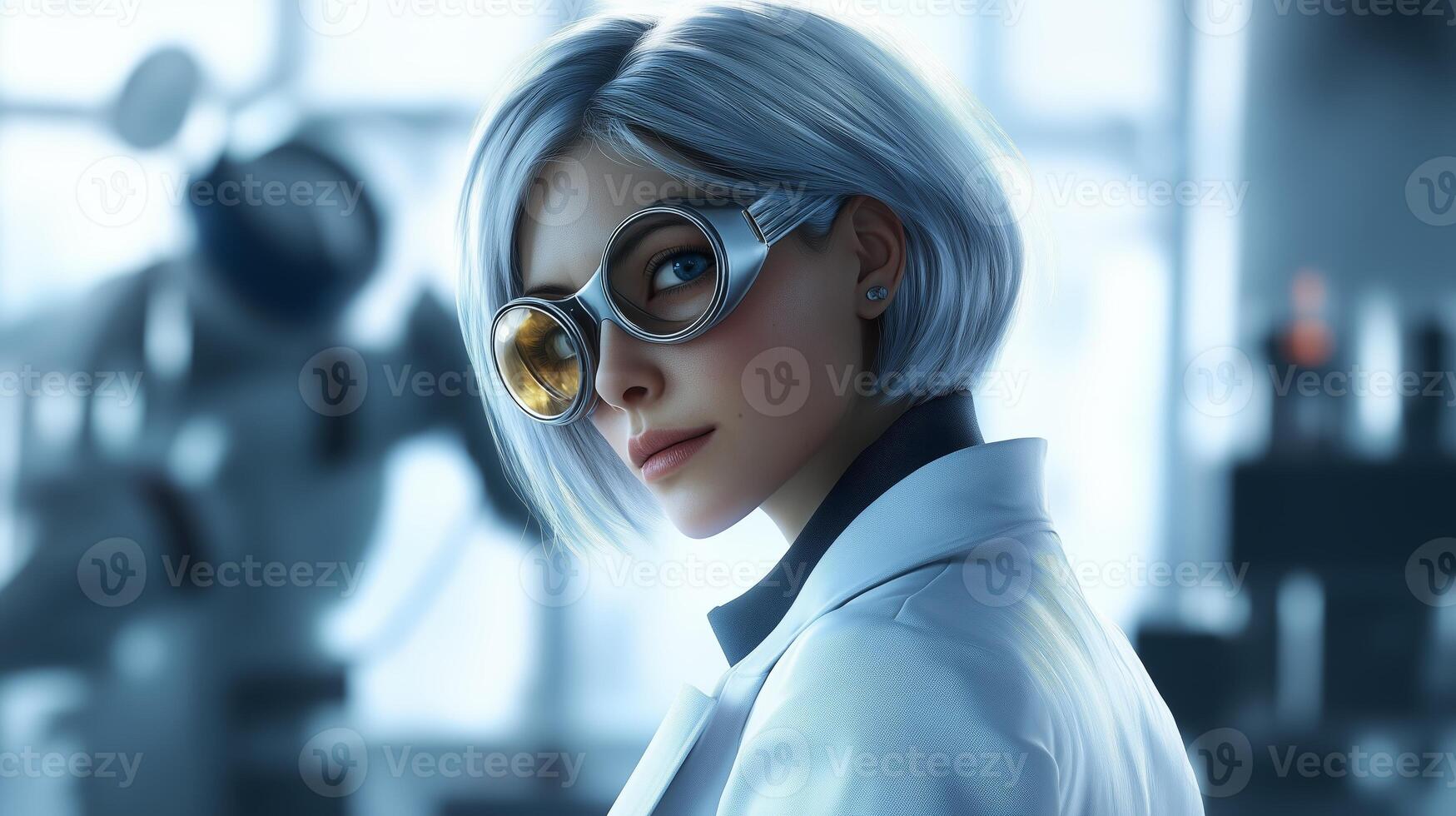 A scientist with short silver hair and goggles working in a modern laboratory with advanced equipment and a focused expression photo