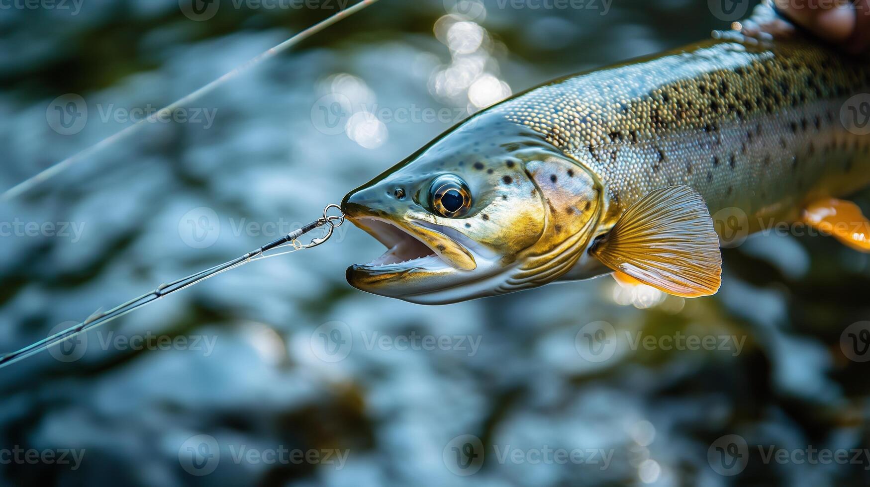 Angler catches a brown trout during a sunny afternoon in a tranquil river photo