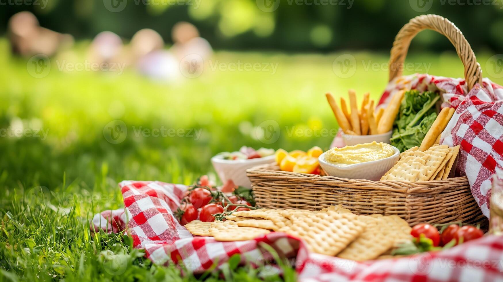 Enjoying a delightful picnic with fresh snacks and vibrant greens in a sunny park during a warm afternoon in summer photo