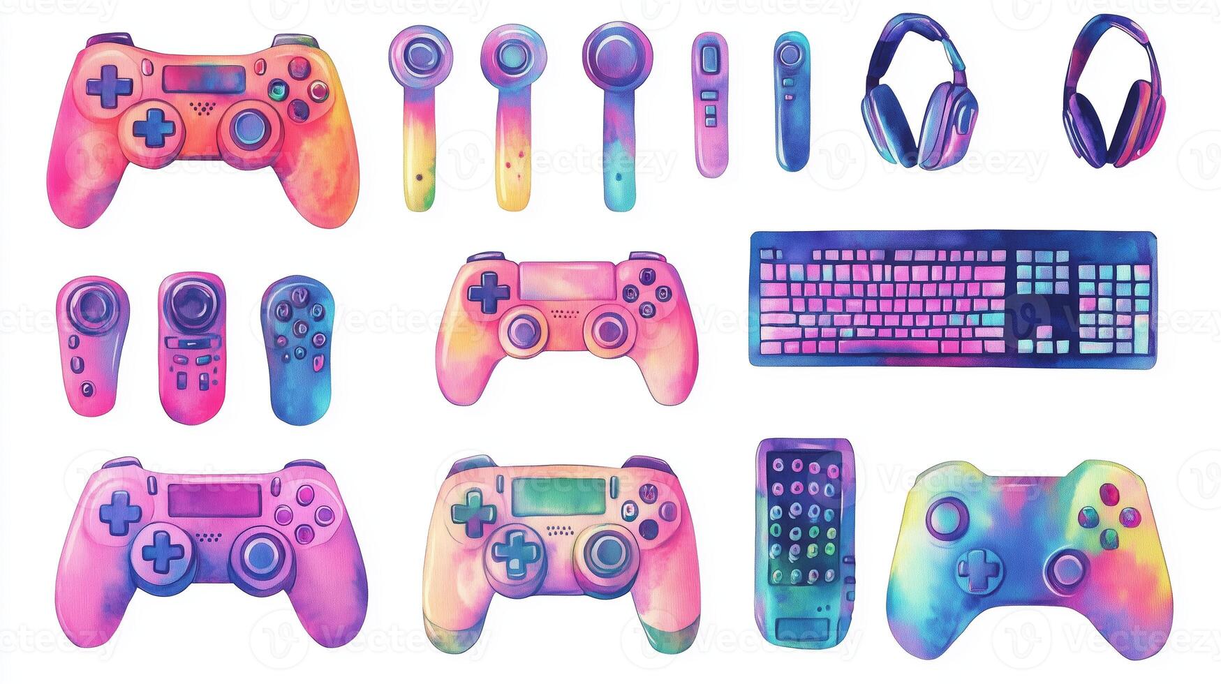 Colorful gaming controllers and accessories arranged creatively on a white background for a vibrant gaming setup photo