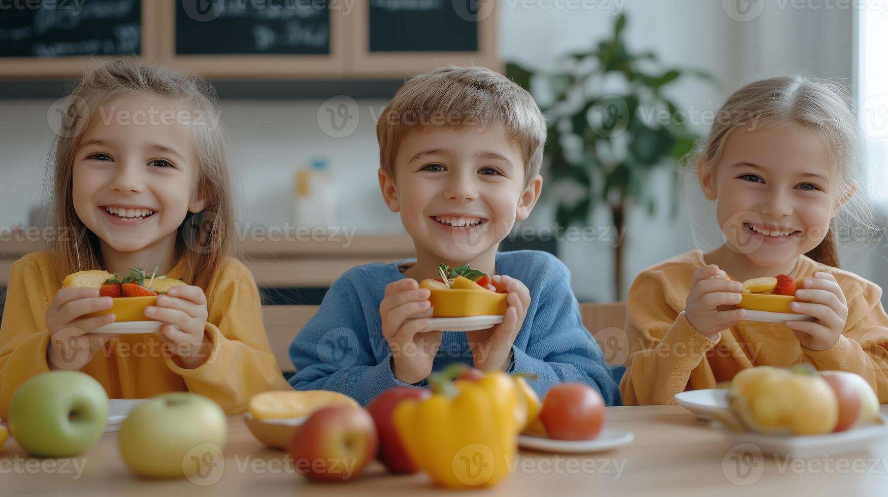 Children enjoying colorful fruit snacks in a bright kitchen during an afternoon gathering photo