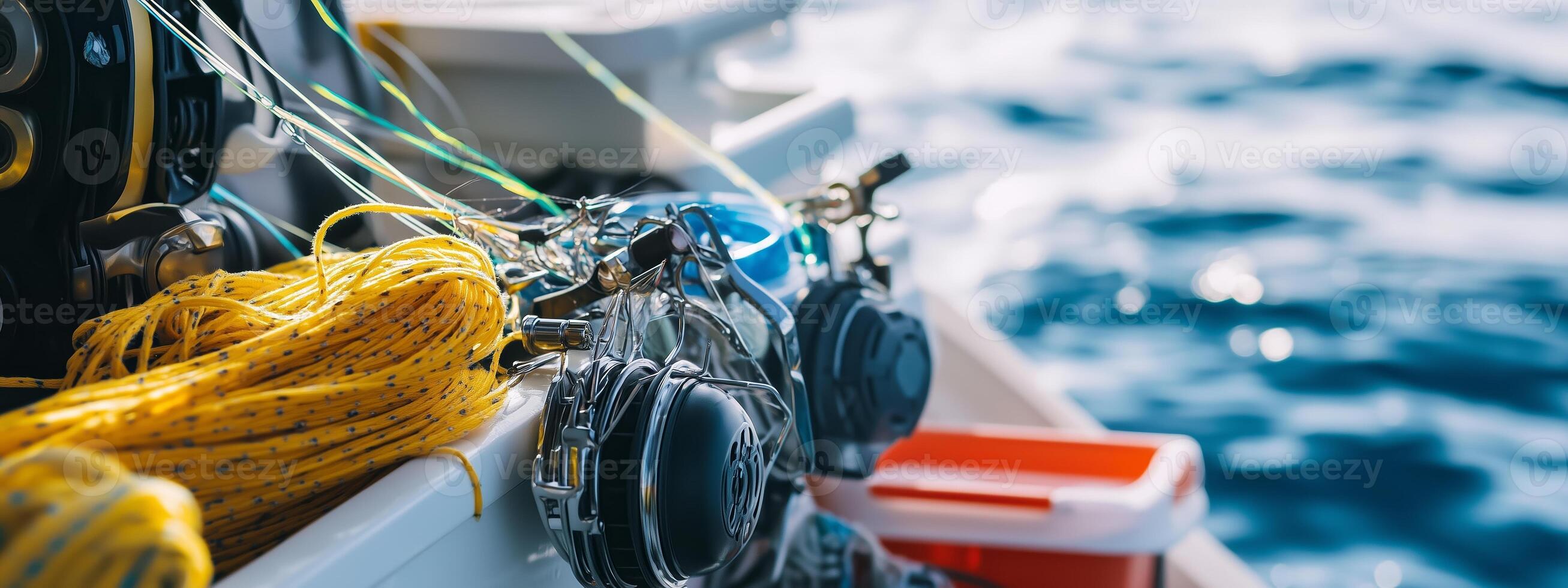 Fishing equipment and colorful lines on a boat in bright sunlight near the open sea during a calm day photo
