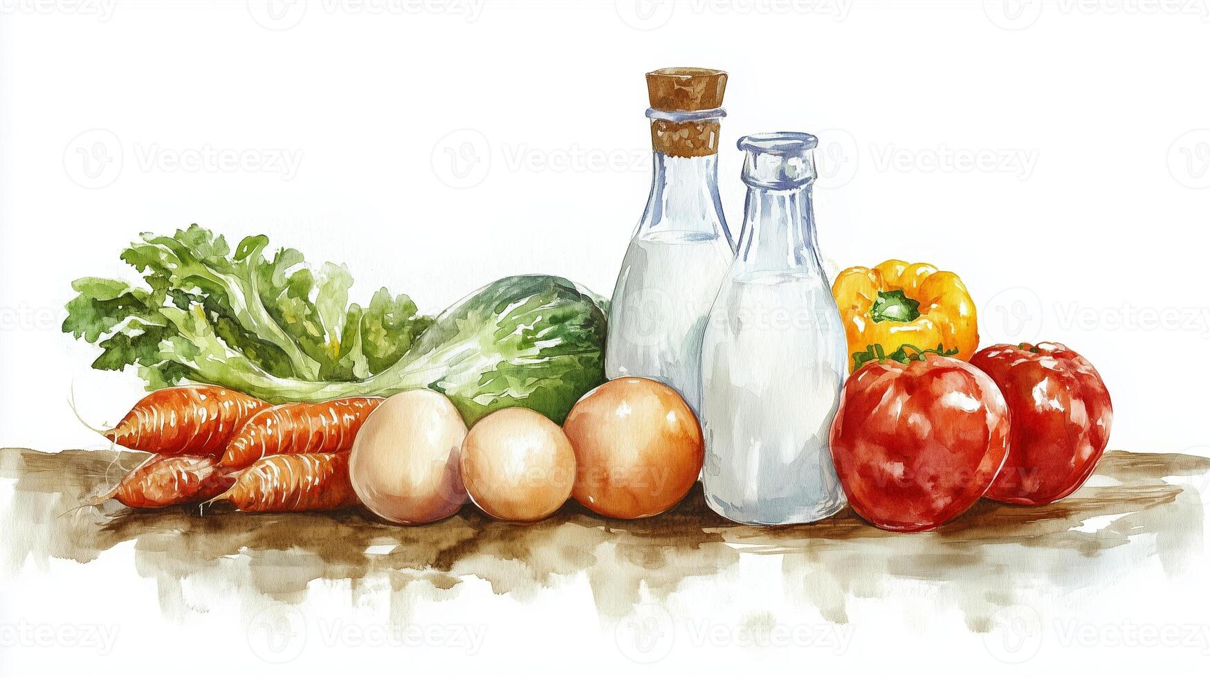 Fresh vegetables and dairy products arranged on a wooden table in a bright kitchen setting during daytime photo