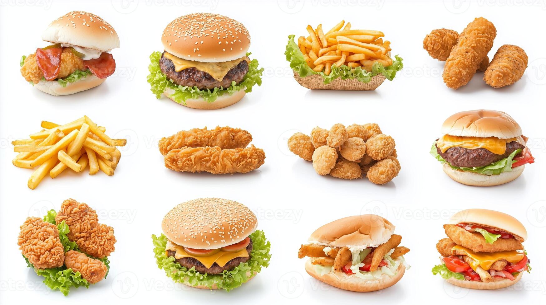 A tempting display of various fast food options including burgers, fries, and chicken nuggets perfect for any meal photo