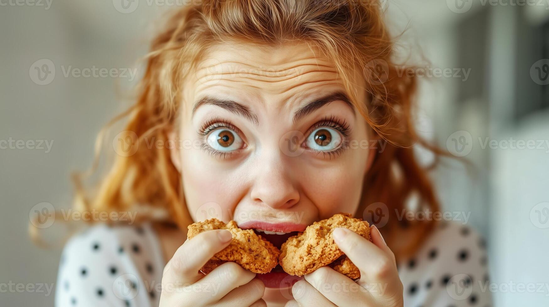 Surprised young woman eagerly holds two cookies while displaying an excited expression in a bright kitchen setting photo