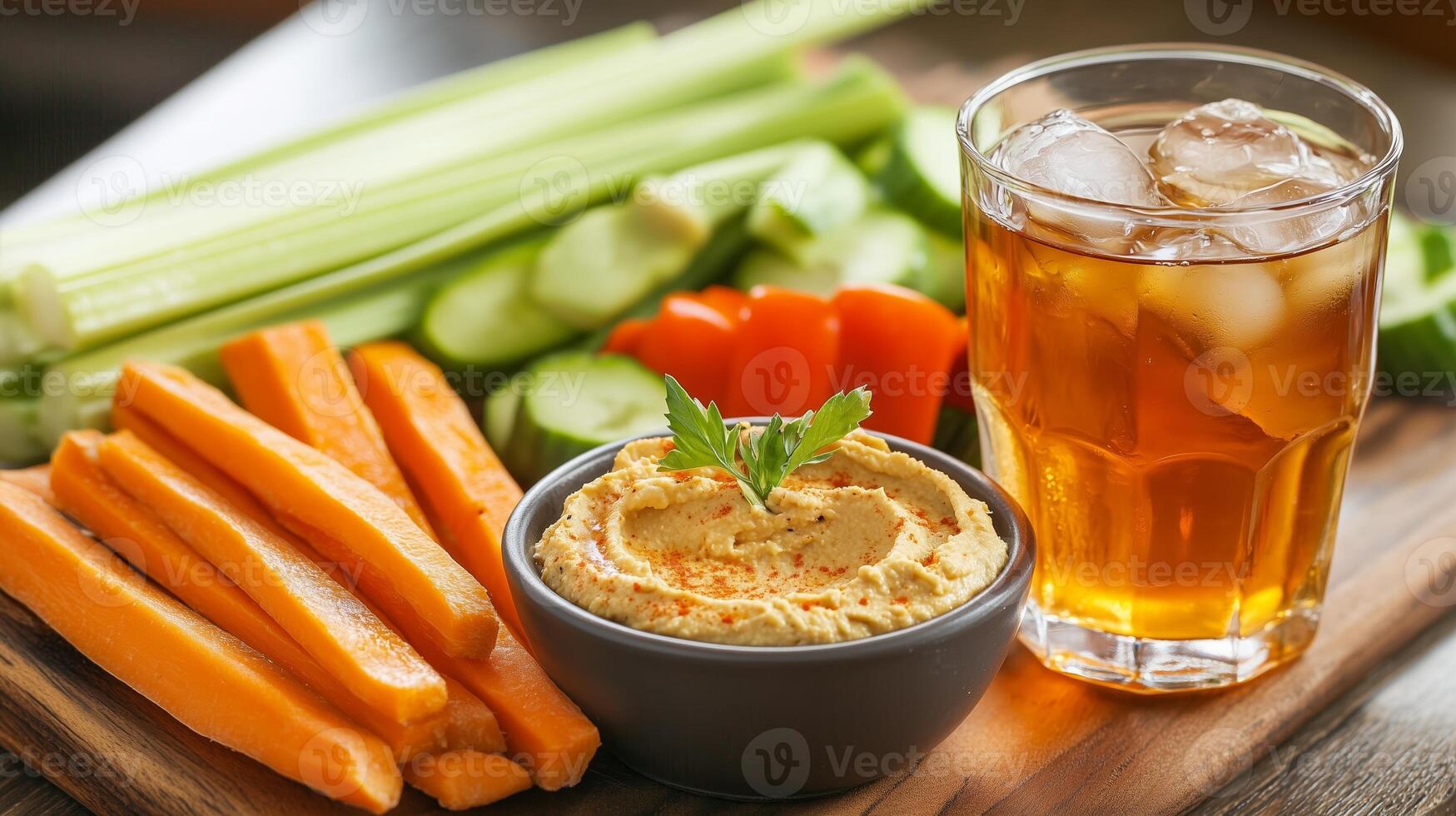 Fresh vegetable platter with hummus and iced tea on a wooden table during a casual afternoon gathering photo