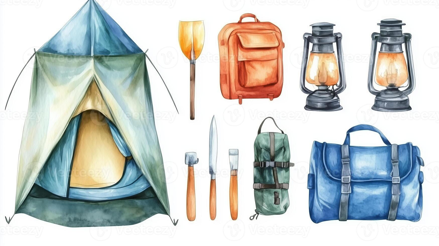 Camping essentials including a tent, lanterns, backpack, and tools arranged for an outdoor adventure preparation at dawn photo