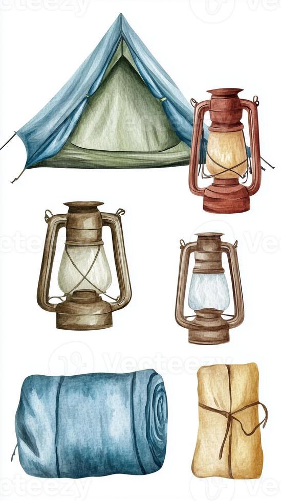 Camping gear featuring lanterns, a blanket, and a tent in an outdoor setting perfect for adventure and exploration photo