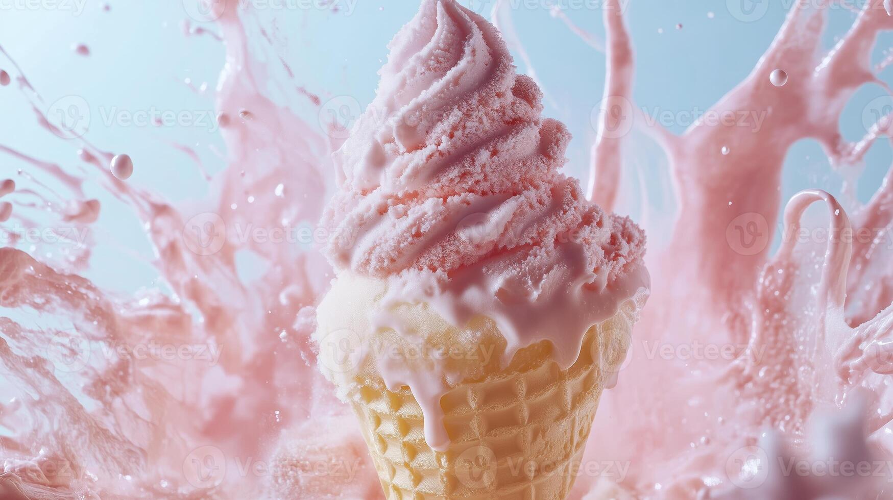 A refreshing ice cream cone topped with swirls of pink cream splashes in vibrant colors against a bright blue background photo