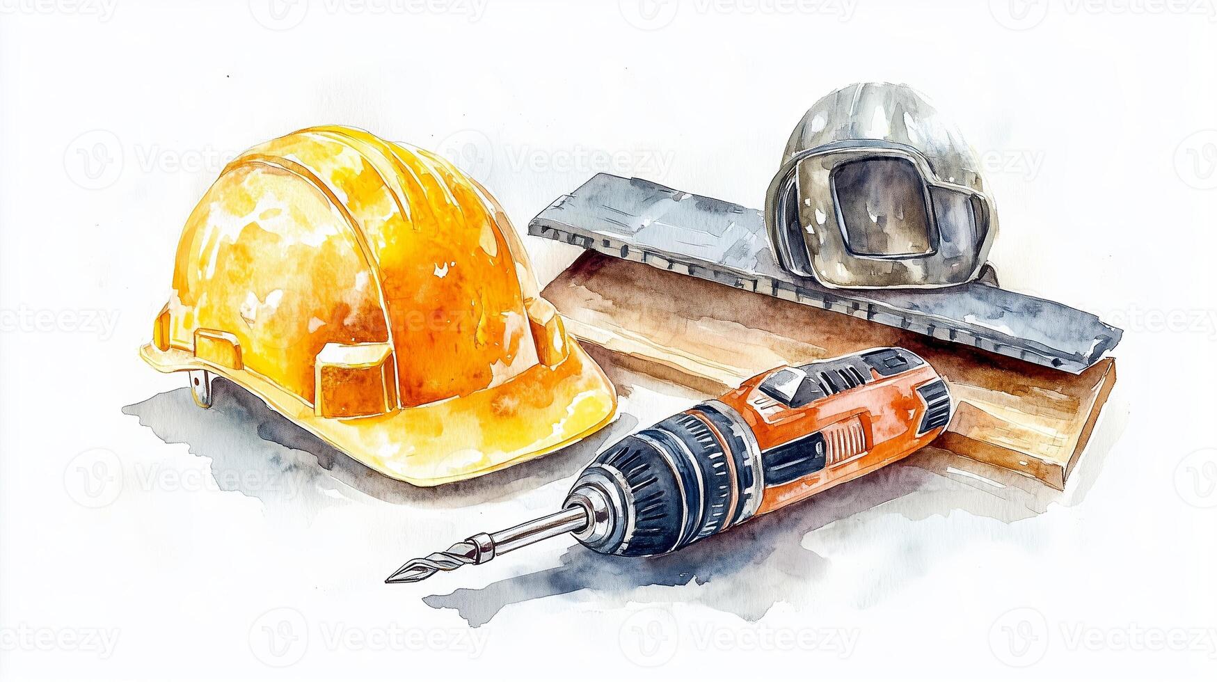 Safety gear, tools, and materials for construction work displayed on a workbench in a well-lit workshop environment photo