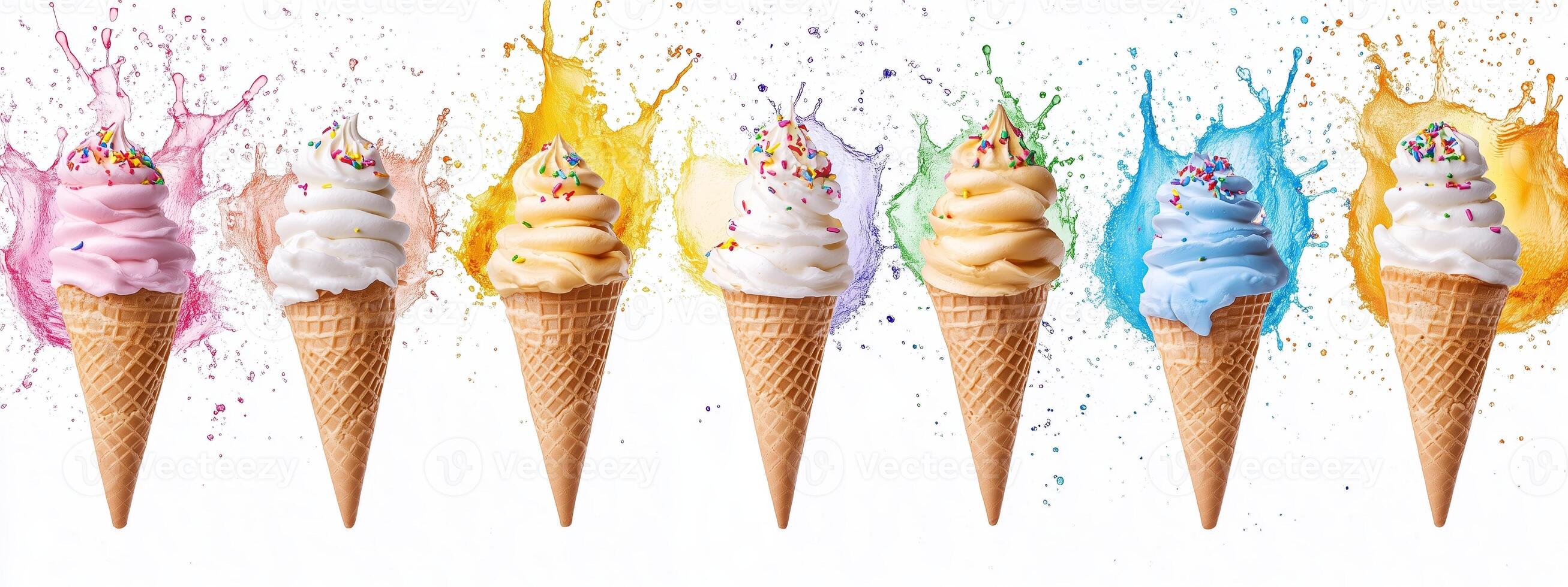 Colorful ice cream cones splashing in vibrant colors against a white background during a festive summer celebration photo