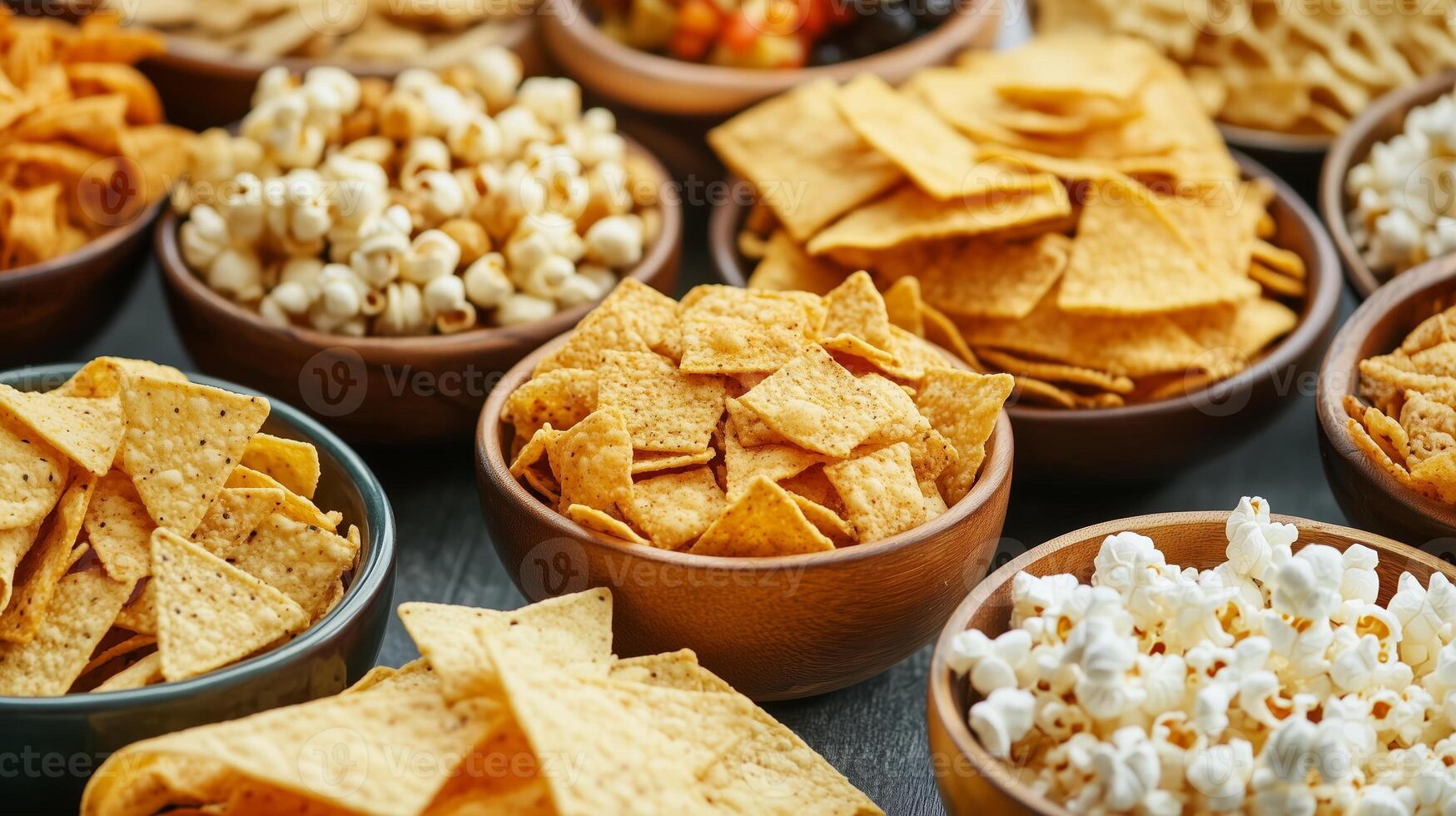 A colorful selection of various snacks displayed in bowls on a table during a casual gathering photo