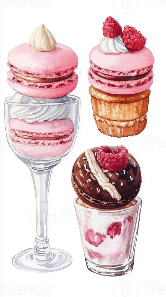 Delicious desserts featuring macarons, raspberries, and whipped cream served in elegant glassware photo