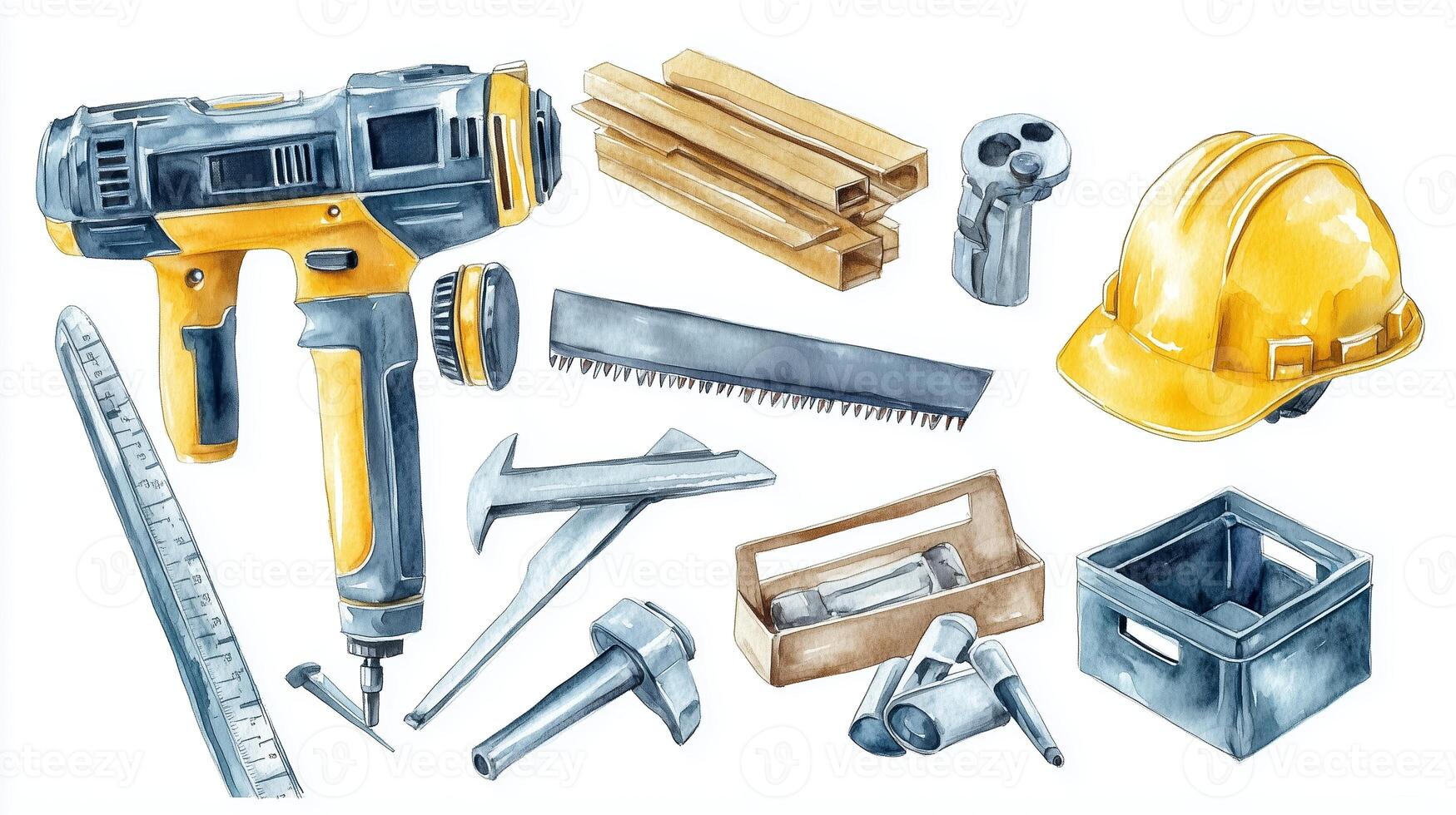 Collection of construction tools and materials laid out on a work surface, showcasing a drill, wooden planks, and safety gear photo