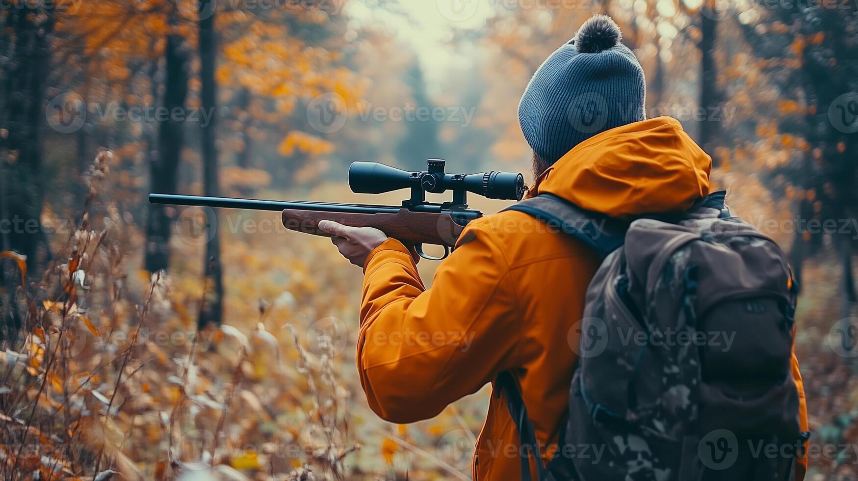 A hunter in an orange jacket aims a rifle in a colorful autumn forest during the early morning hours photo