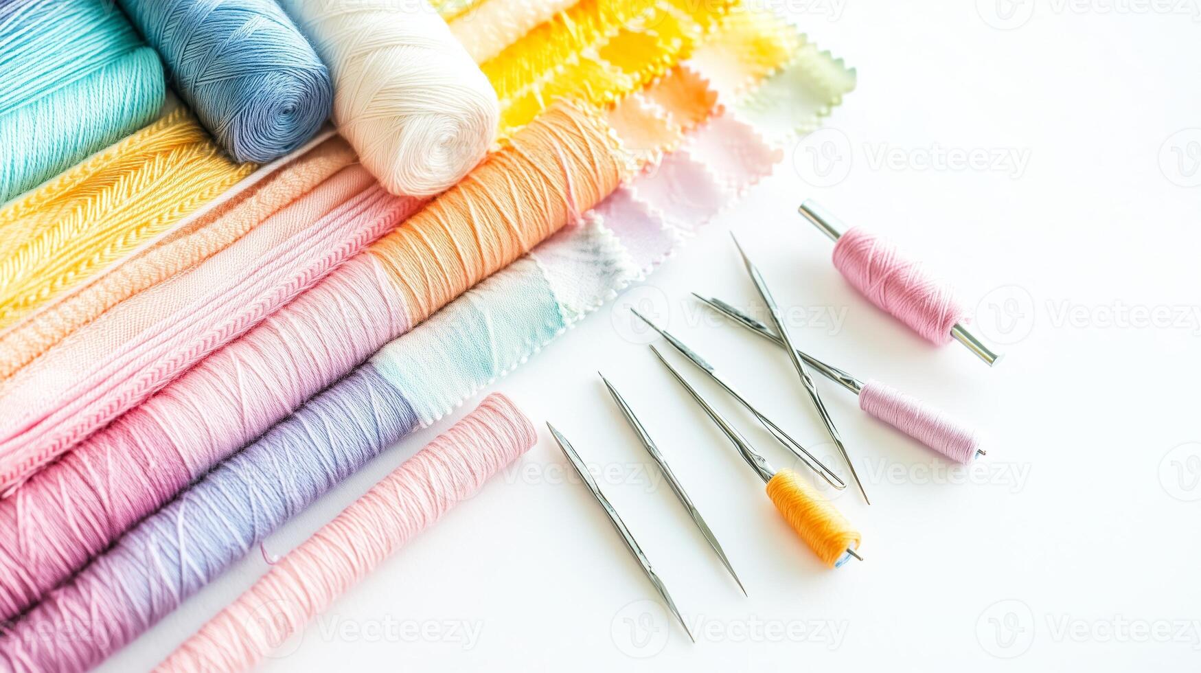 Colorful rolls of thread and sewing needles arranged neatly on a white surface, ideal for crafting and sewing enthusiasts photo