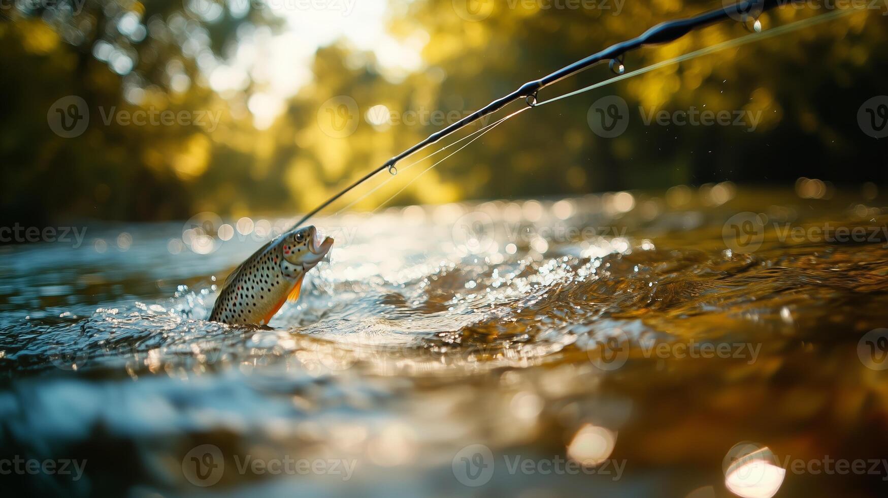 Trout leaps from the river as an angler expertly reels in their catch during a sunny afternoon fishing trip photo