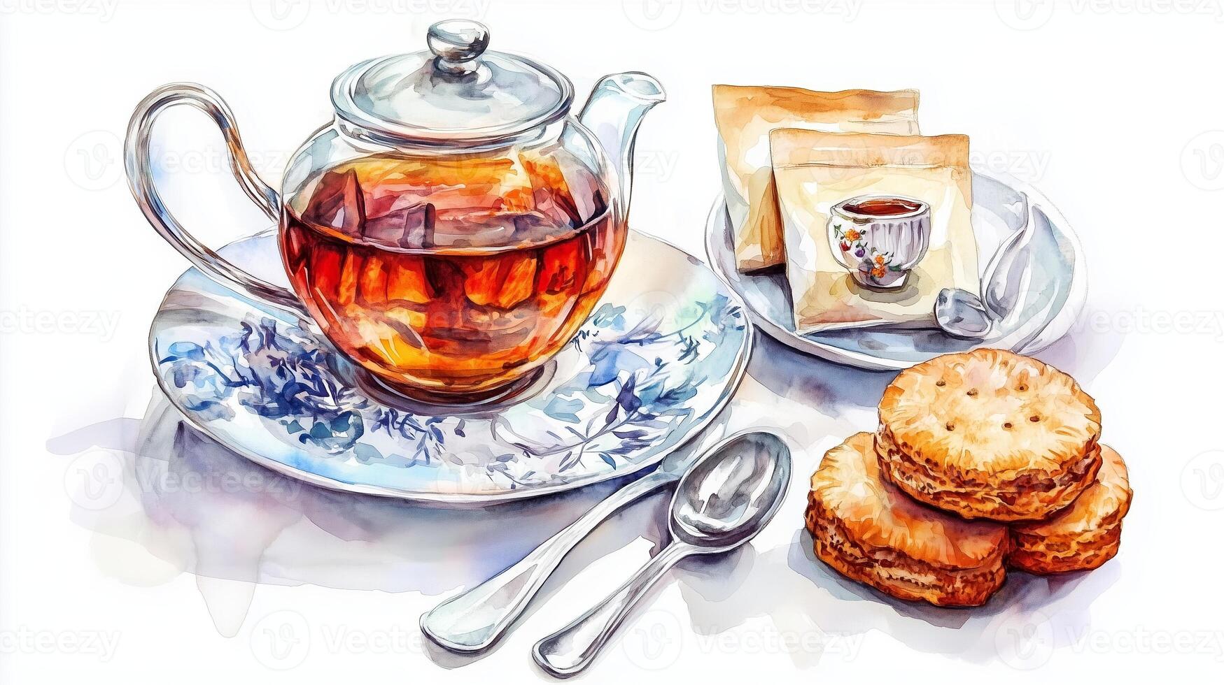 A cozy afternoon tea set with a glass teapot, pastries, and cookies on a decorative plate photo