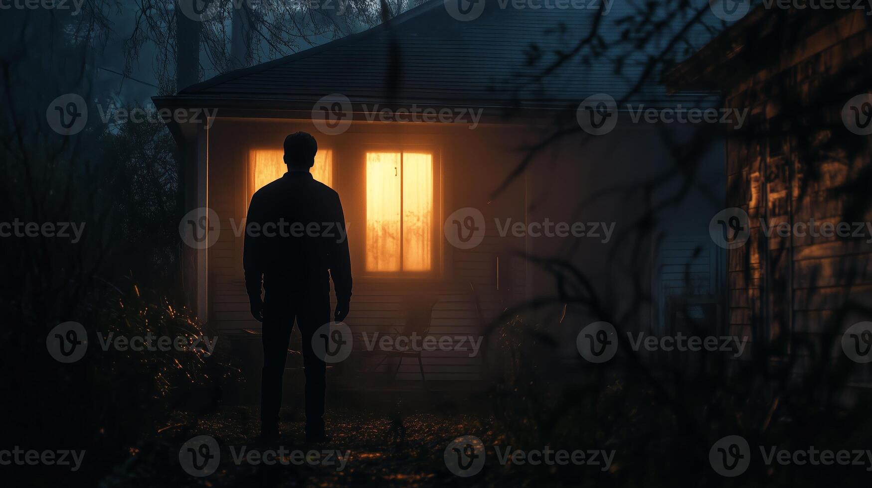 A mysterious figure stands in the darkness outside an old house with a glowing window in a foggy forest at night photo