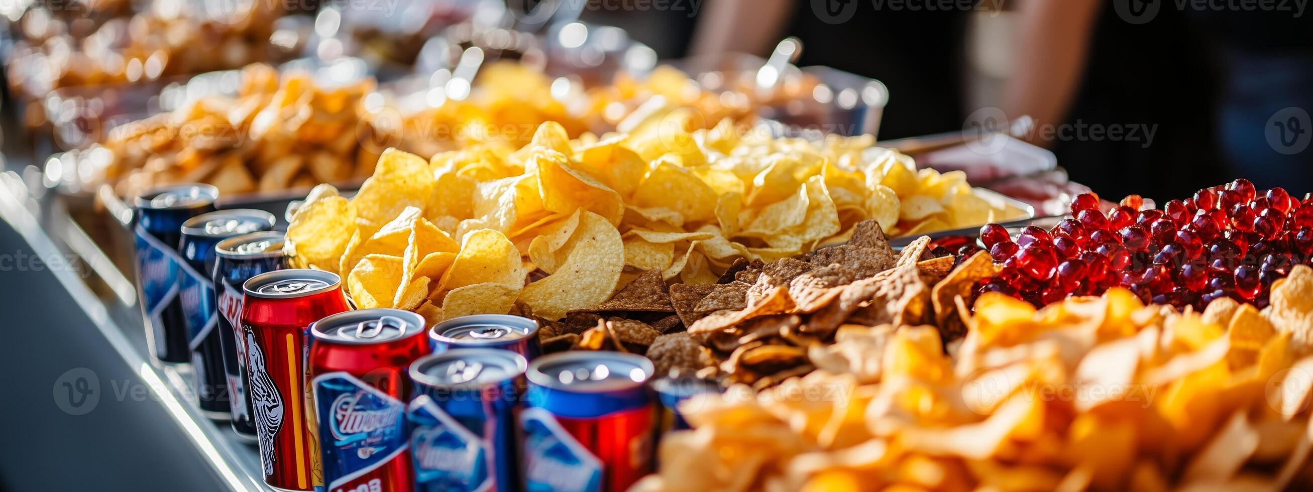 A colorful array of snacks and beverages at an outdoor event with people mingling in the background photo