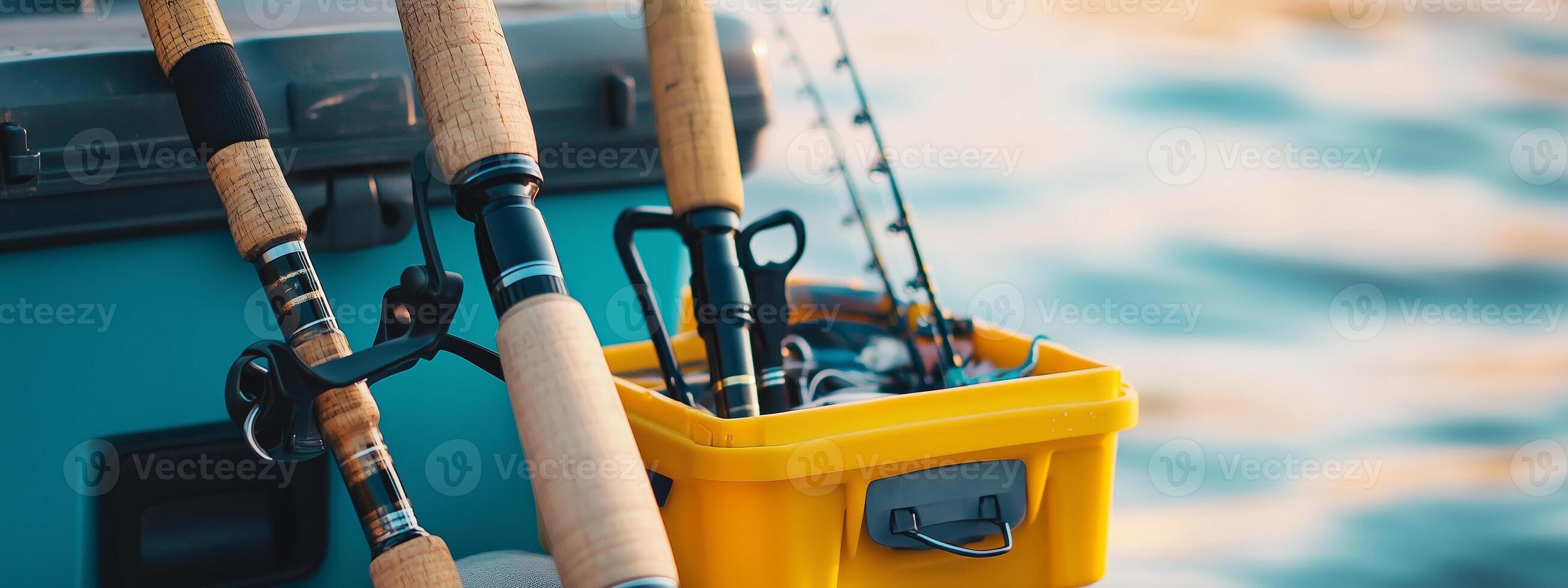 Fishing rods resting on a fishing boat with a yellow tackle box near calm waters during the golden hour at a scenic lake photo