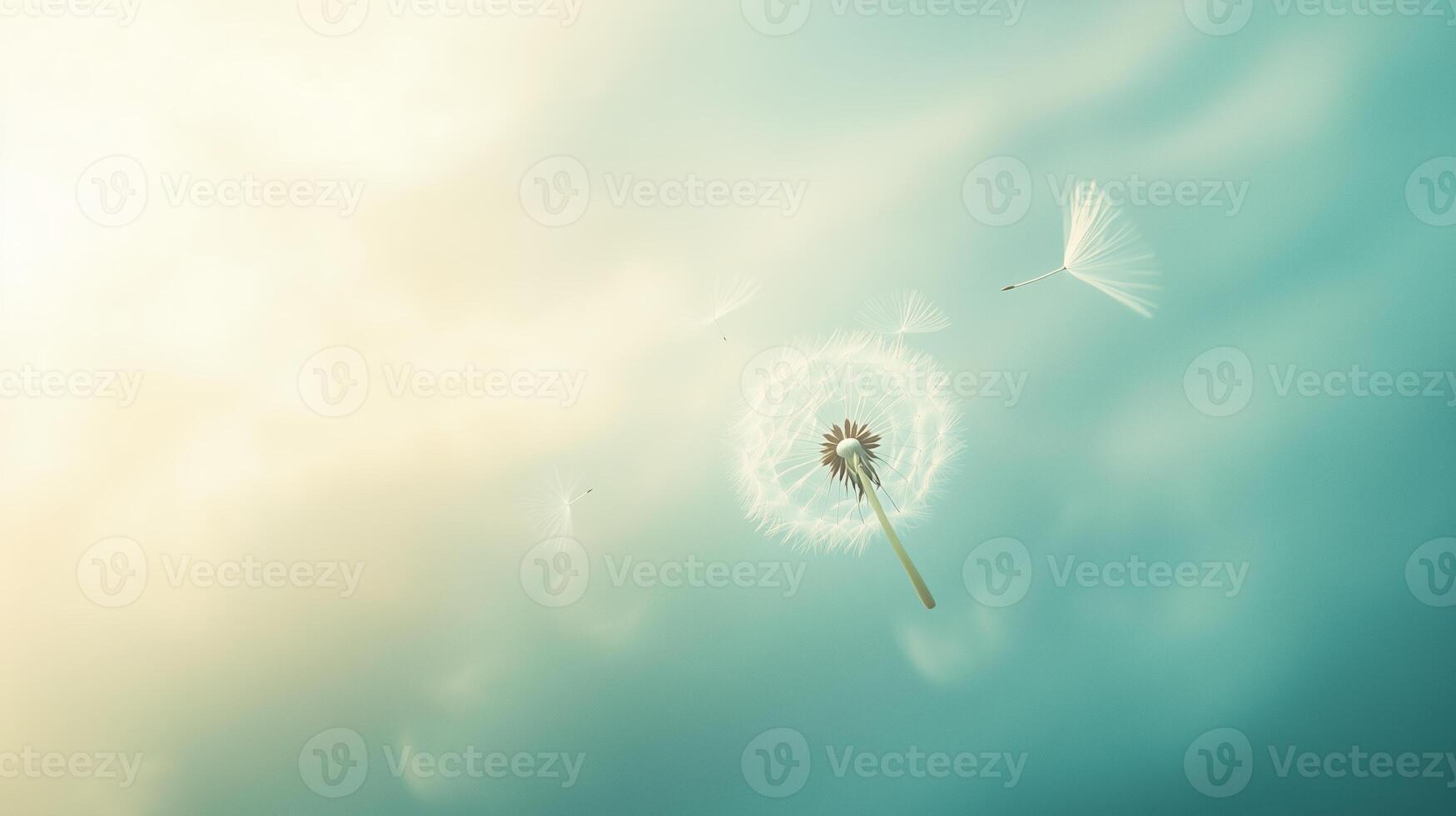 Floating dandelion seeds disperse in the sunlight against a soft blue background during a serene spring day photo