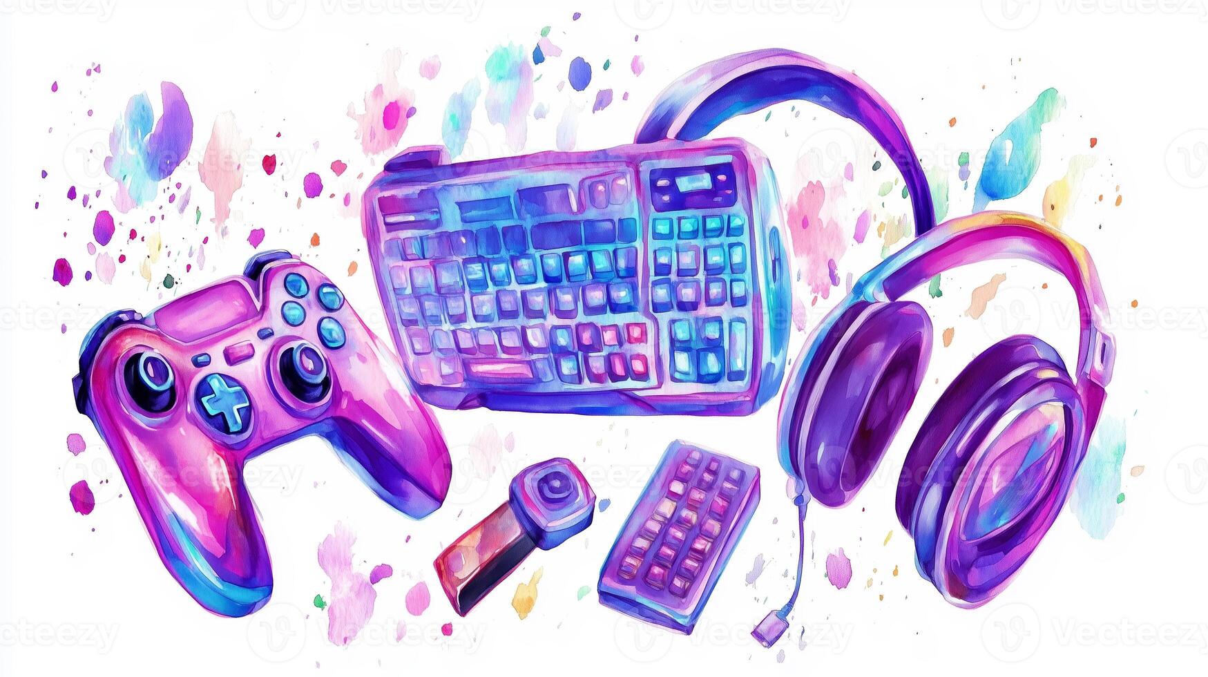 Colorful gaming accessories including a controller, keyboard, headset, and remote on a vibrant background photo