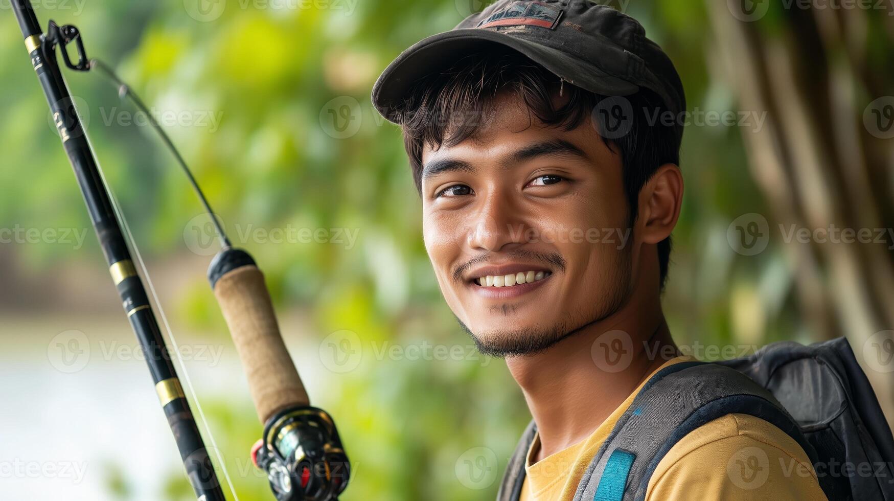 Young man fishing by the lake, smiling, wearing a cap and backpack, surrounded by greenery in a calm nature setting on a sunny day photo