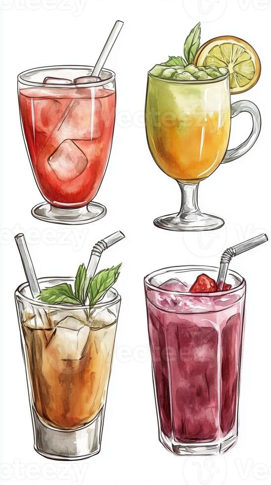 Refreshing assortment of colorful drinks featuring fruit garnishes and ice during a summer gathering photo