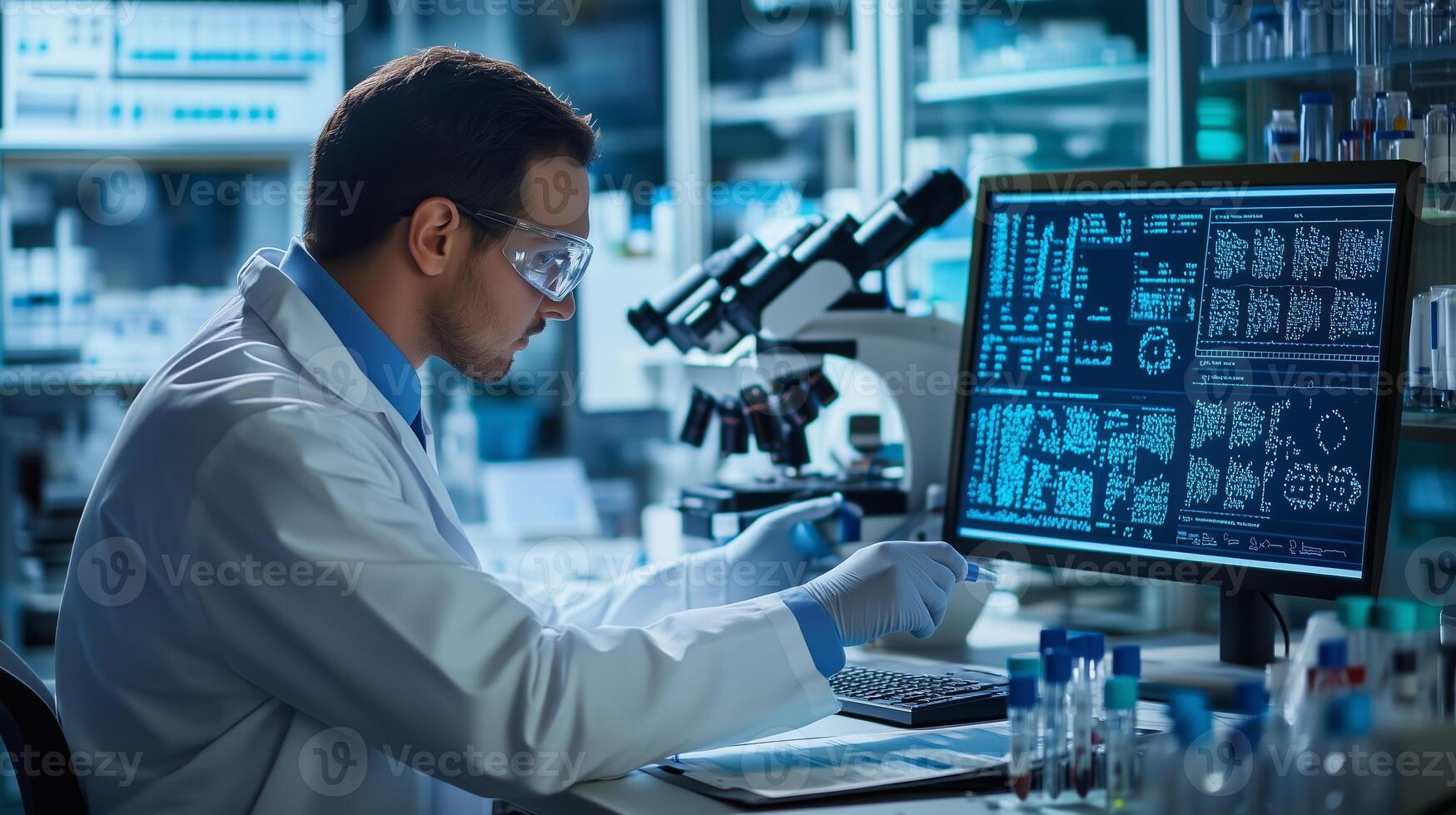 Scientist analyzing data in a high-tech laboratory during evening research sessions focused on molecular studies photo