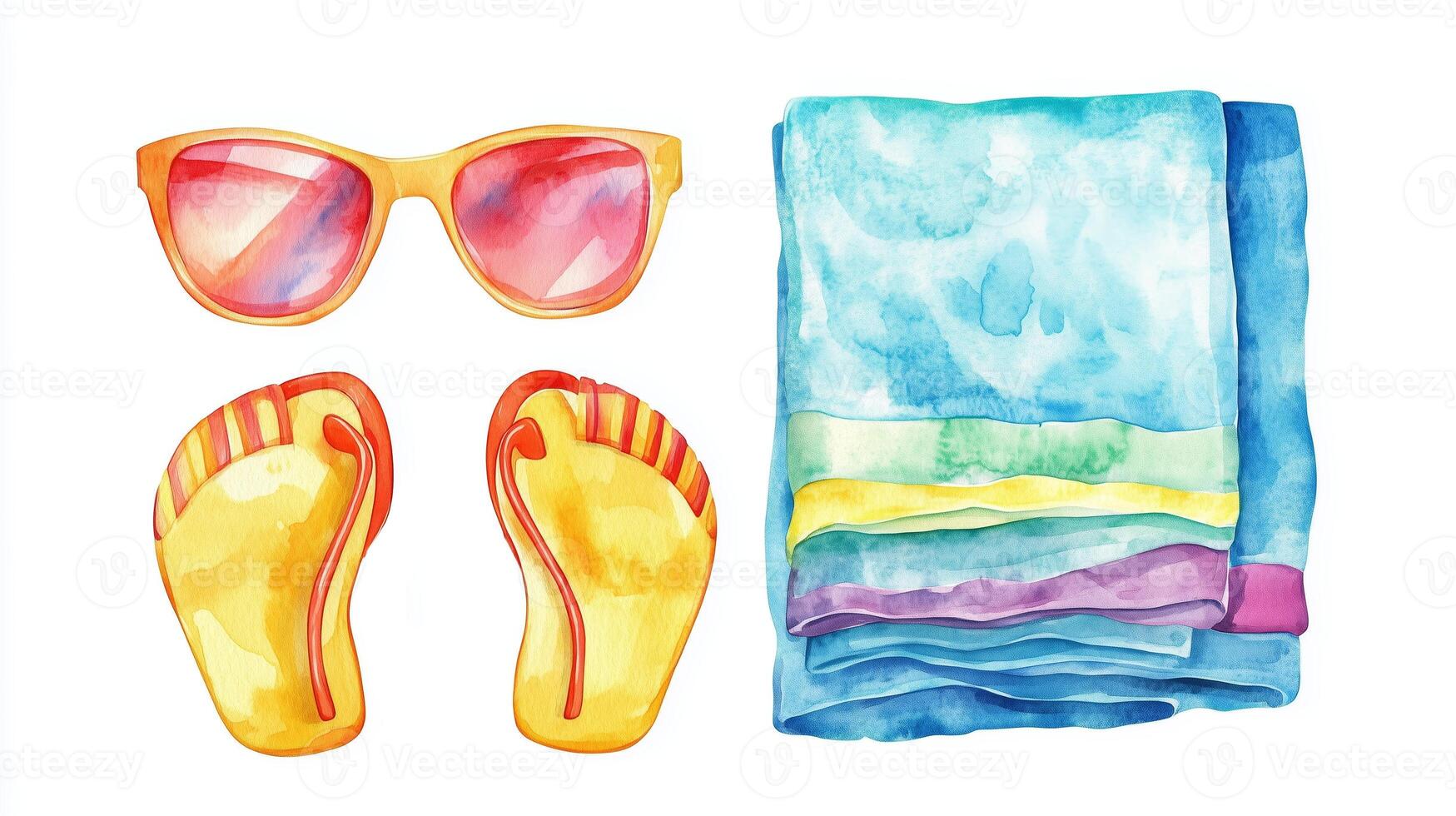 Bright summer accessories on a white background, featuring colorful sunglasses, flip-flops, and a beach towel ready for vacation photo