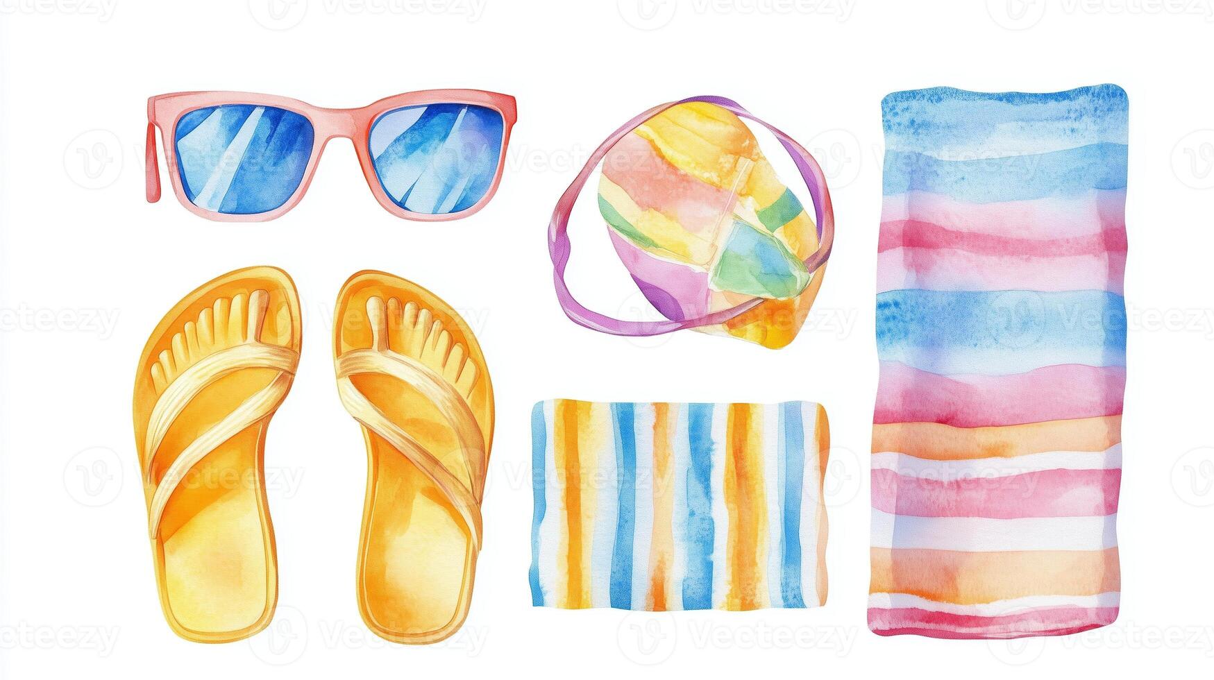 Colorful summer beach essentials arranged neatly on a white background featuring sunglasses, flip-flops, and a towel photo