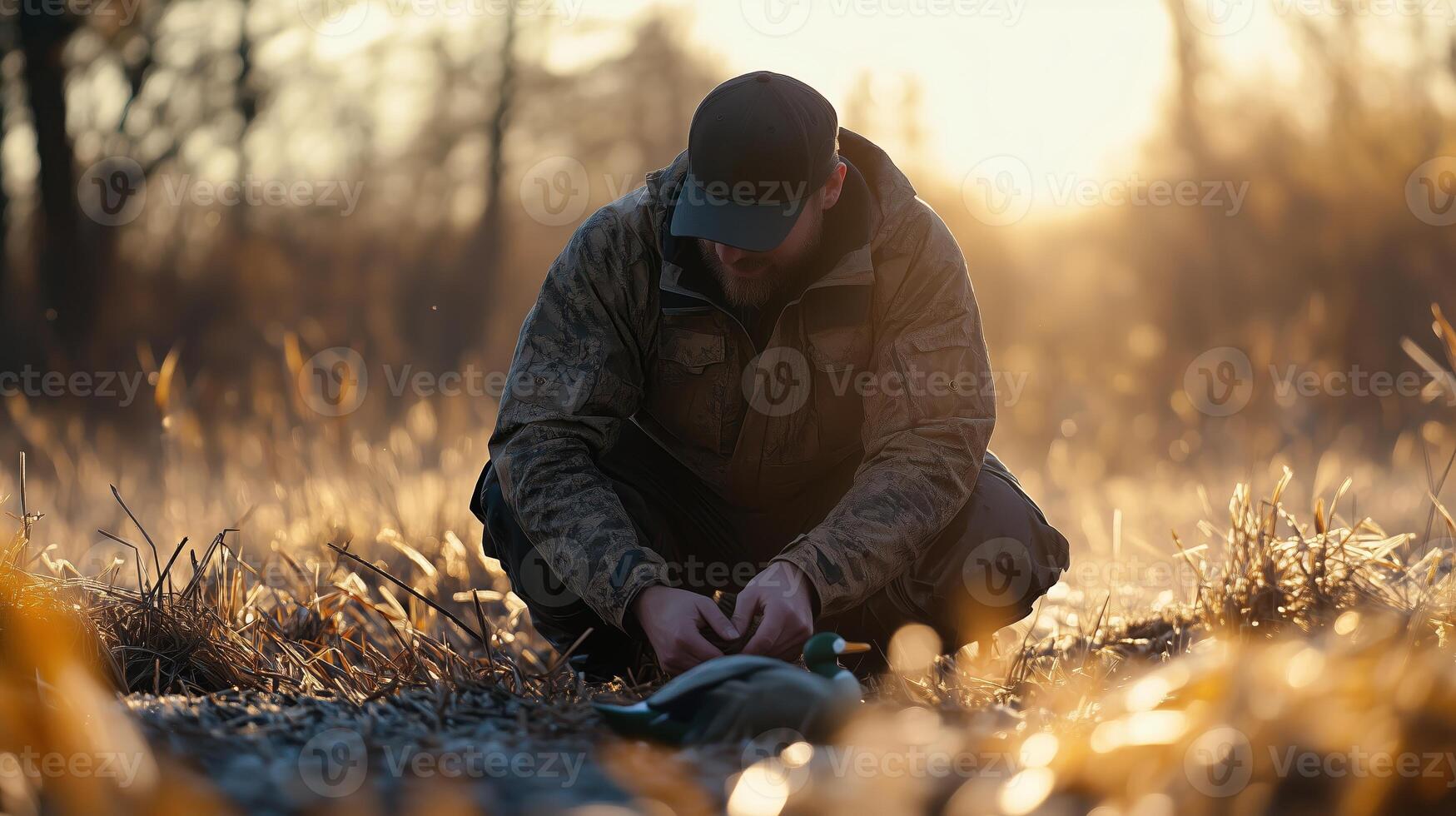 A hunter prepares his catch at sunrise in a misty wetland surrounded by tall grasses during the early morning hours photo