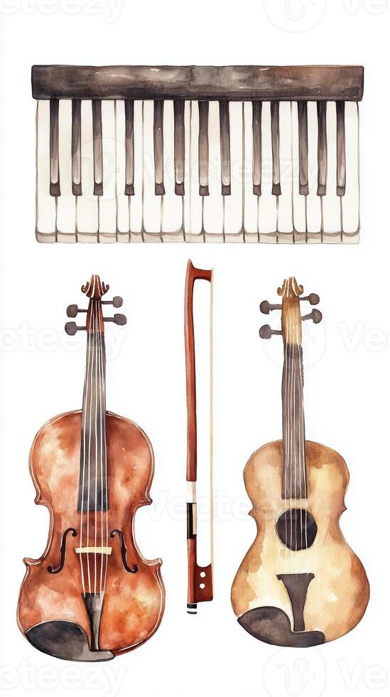 A watercolor depiction of a piano keyboard, two violins, and a bow arranged artistically against a white background photo